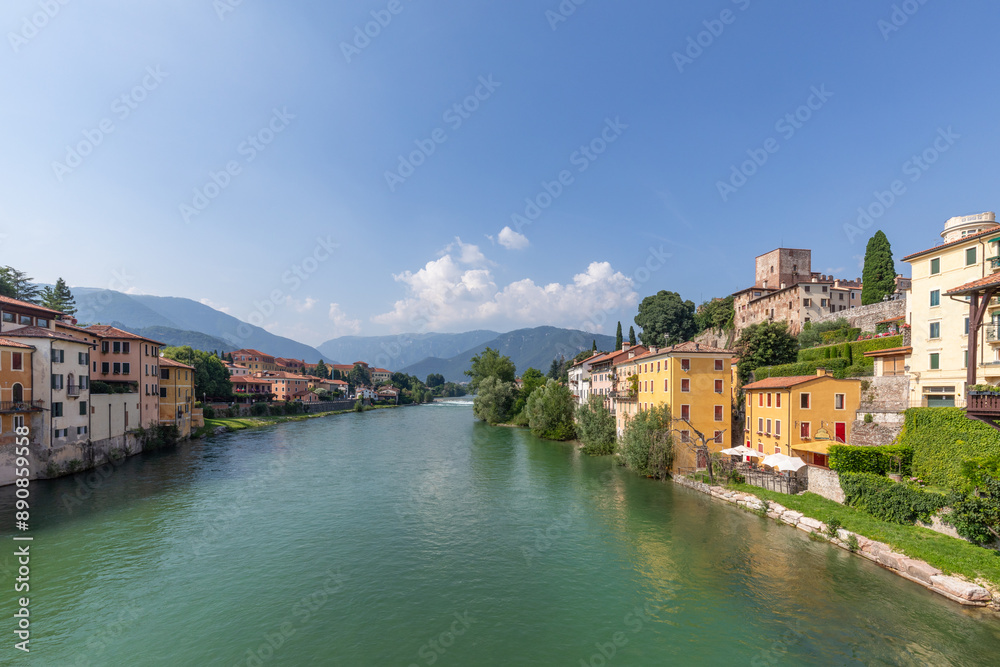 view to historic skyline of Bassano del Grappa with the Old wooden Bridge, also called ponte degli Alpini, Italy view to historic skyline of Bassano del Grappa with the Old wooden Bridge, also called ponte degli Alpini, Italy