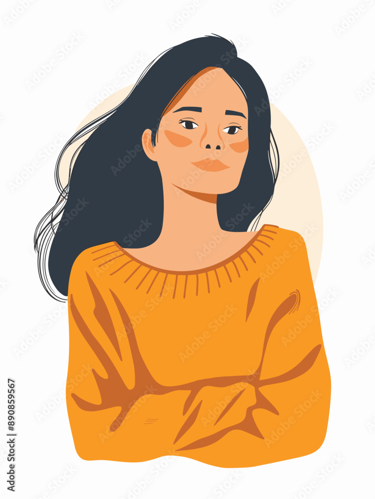 A woman with long hair is wearing an orange sweater and is looking at the camera. The image has a warm and inviting mood, with the orange sweater and the woman's smile creating a sense of comfort A woman with long hair is wearing an orange sweater and is looking at the camera. The image has a warm and inviting mood, with the orange sweater and the woman's smile creating a sense of comfort
