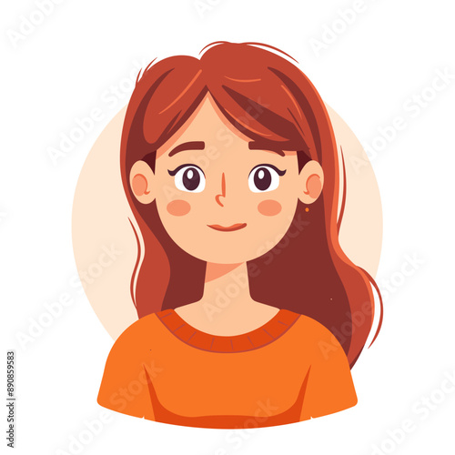 A girl with long red hair is smiling. She is wearing an orange shirt. The girl has a cute and friendly expression