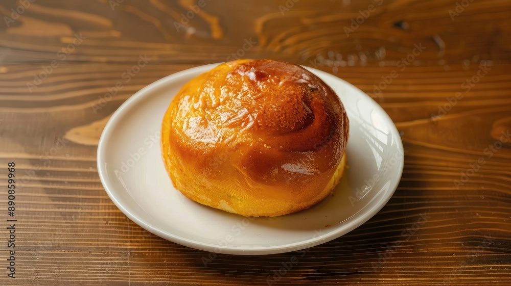 Golden brown baked bun on white plate wooden surface Golden brown baked bun on white plate wooden surface