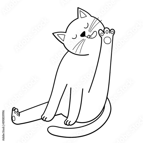 Cute cat licking its paw in black and white. Funny feline character isolated element in outline. Great for coloring page, prints and cards. Vector illustration