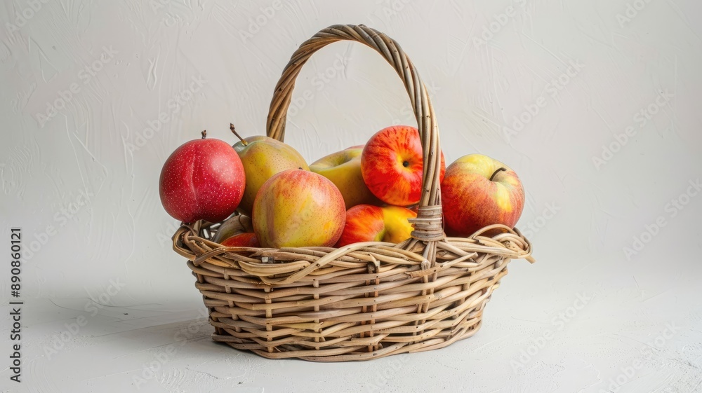 Wicker basket filled with red and yellow apples on light background