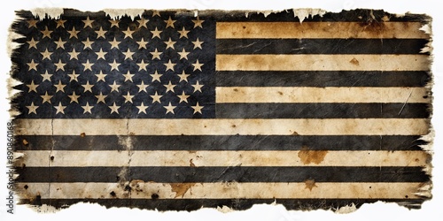 Faded and worn American flag with black and white stripes, ripped and torn edges, symbolizing distress, neglect, and decay, set against a neutral background. photo