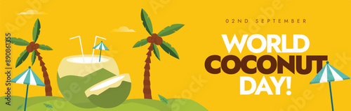 World Coconut day 2nd Sept celebration background, cover banner, social media post. Coconut day banner with green coconuts, its trees, beach umbrellas on yellow background. 