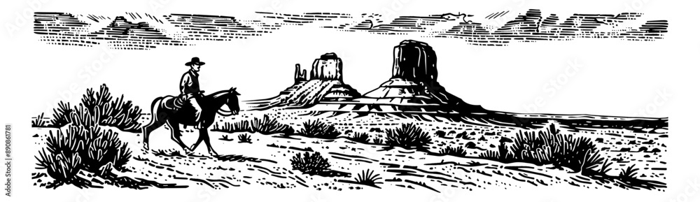 Fototapeta premium cowboy desert america engraving black and white outline