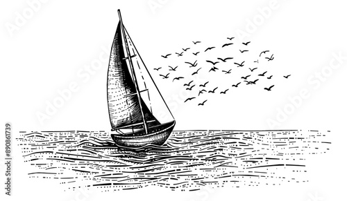 sailing boat sea engraving black and white outline