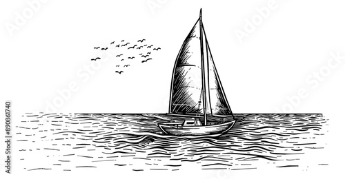 sailing boat sea engraving black and white outline