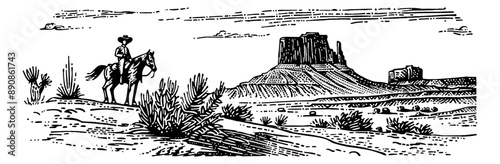 cowboy desert america engraving black and white outline