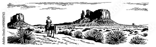 cowboy desert america engraving black and white outline