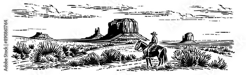 cowboy desert america engraving black and white outline
