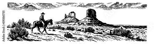 cowboy desert america engraving black and white outline