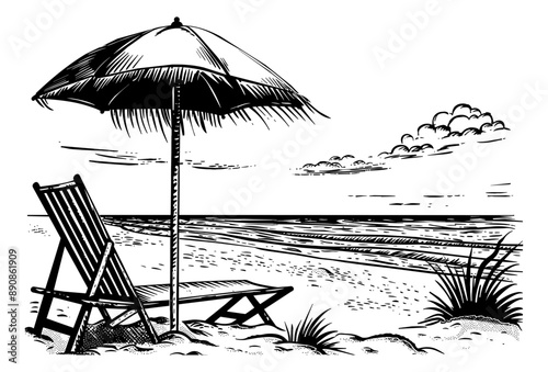 umbrella beach chair engraving black and white outline