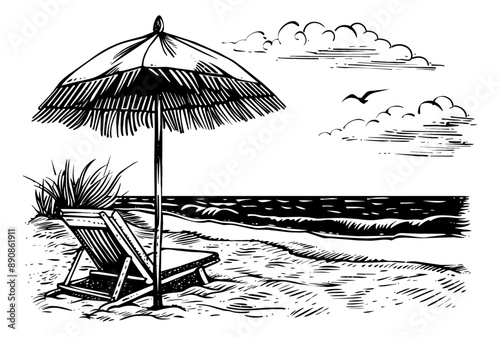 umbrella beach chair engraving black and white outline