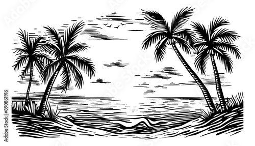 beach sea palm engraving black and white outline