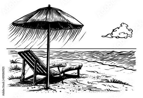 umbrella beach chair engraving black and white outline