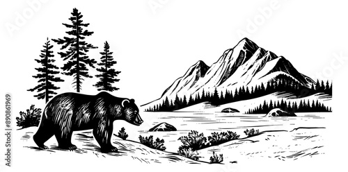 bear mountain landscape engraving black and white outline