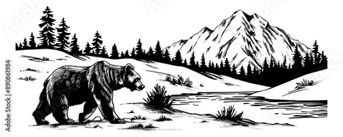 bear mountain landscape engraving black and white outline