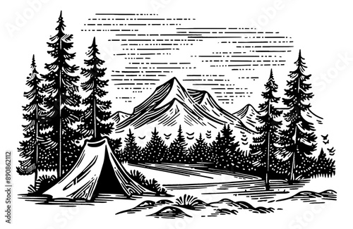 camping tent mountain landscape engraving black and white outline