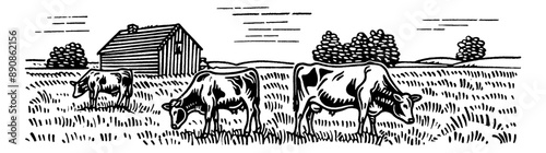 cow field landscape engraving black and white outline