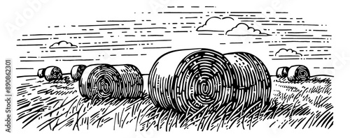 hay bales field engraving black and white outline