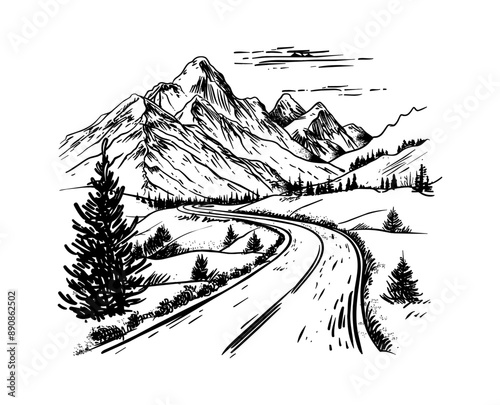 mountain road landscape engraving black and white outline