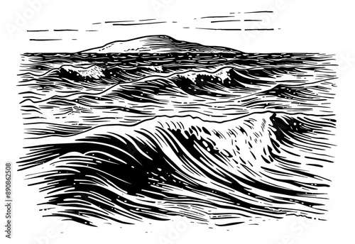 water sea engraving black and white outline photo