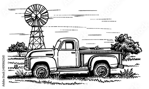 old pickup field engraving black and white outline