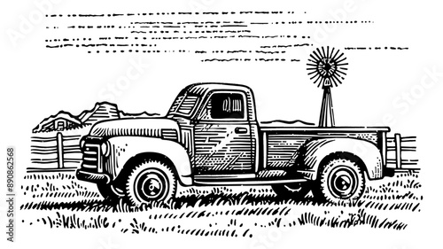 old pickup field engraving black and white outline