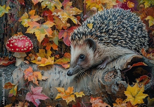 Hedgehog Resting on Log in Autumn Forest With Red Mushroom