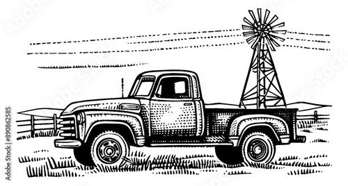 old pickup field engraving black and white outline