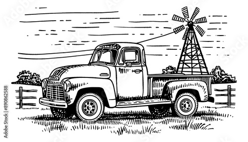 old pickup field engraving black and white outline