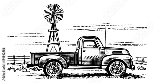 old pickup field engraving black and white outline