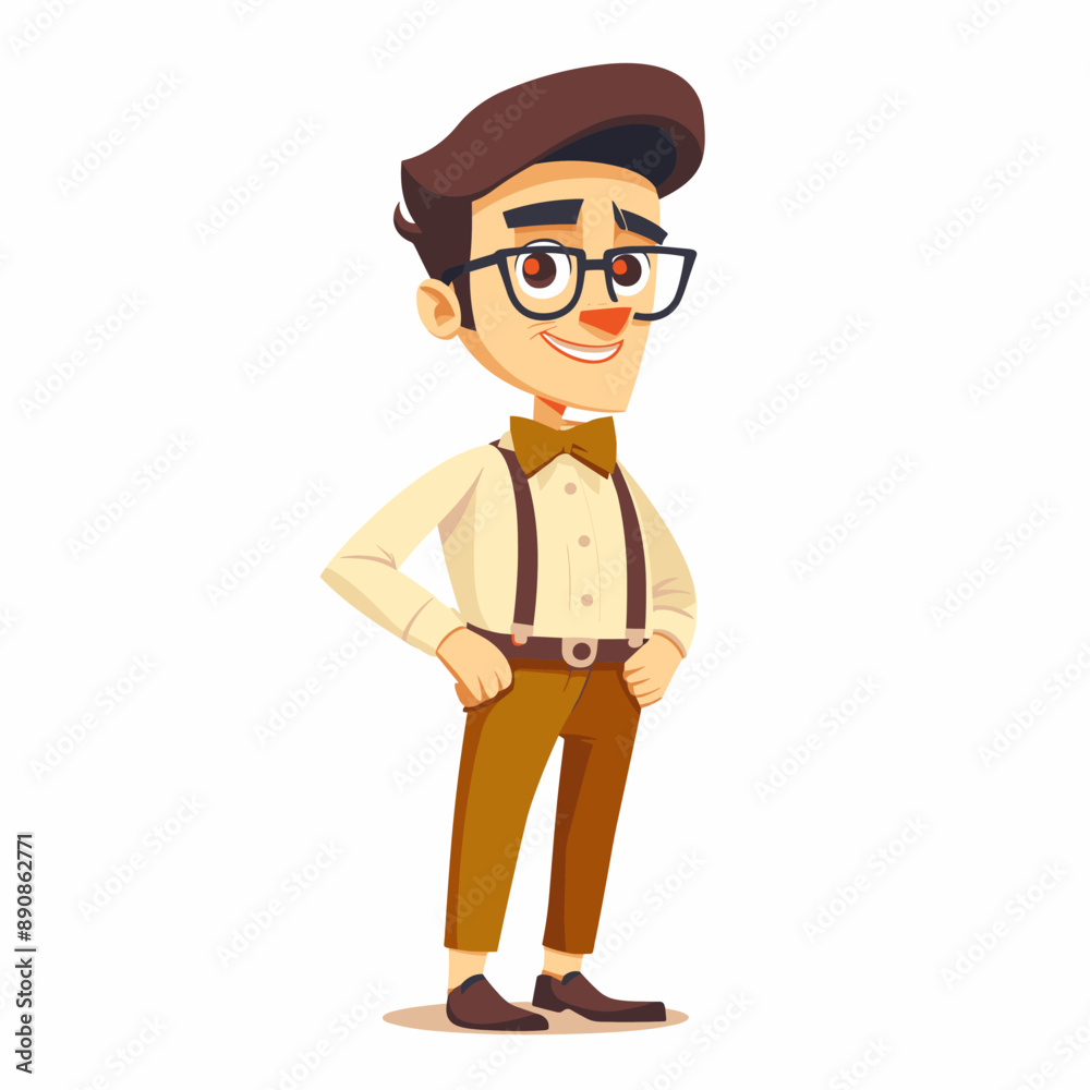A man in glasses and suspenders is smiling and posing for a picture. He is wearing a white shirt and brown pants A man in glasses and suspenders is smiling and posing for a picture. He is wearing a white shirt and brown pants