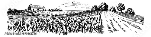 rural field landscape engraving black and white outline