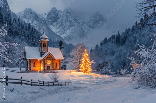 Illuminated Church and Christmas Tree in Snowy Mountain Valley at Twilight