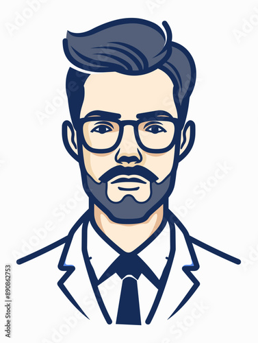 A man with a beard and glasses is wearing a suit and tie. He looks professional and serious