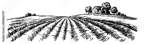 rural field landscape engraving black and white outline