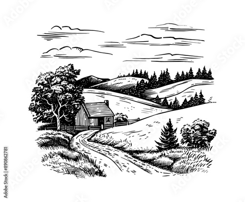 rural village road landscape engraving black and white outline