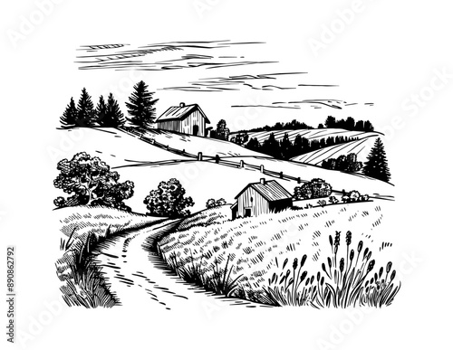 rural village road landscape engraving black and white outline