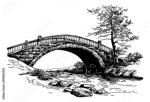 stone bridge engraving black and white outline