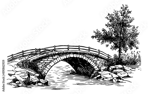stone bridge engraving black and white outline