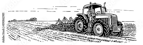 tracktor field landscape engraving black and white outline