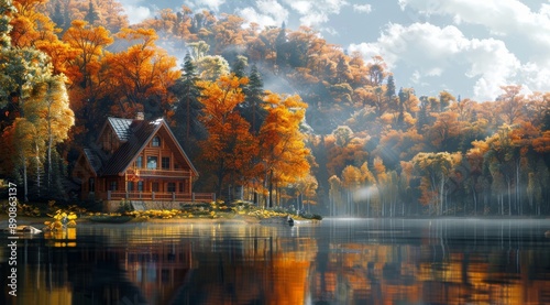 Autumn Cabin by a Misty Lake