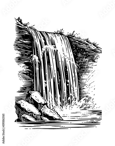 waterfall engraving black and white outline