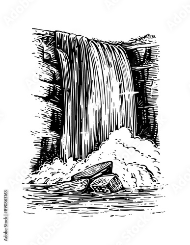 waterfall engraving black and white outline
