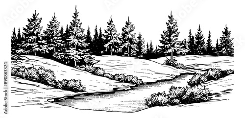winter landscape engraving black and white outline