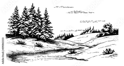 winter landscape engraving black and white outline