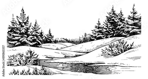 winter landscape engraving black and white outline