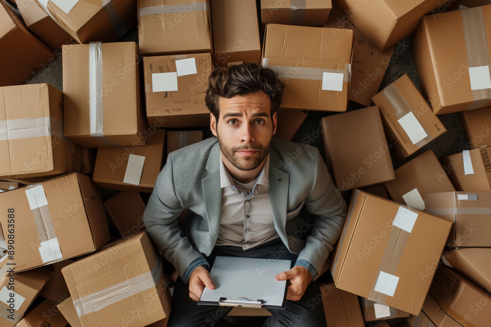 A Man Lost in a Sea of Cardboard Boxes A Man Lost in a Sea of Cardboard Boxes