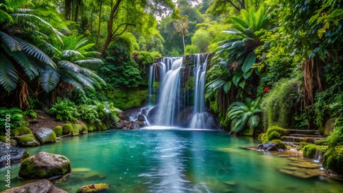 Cascading waterfall forming tranquil lagoon in lush tropical rainforest